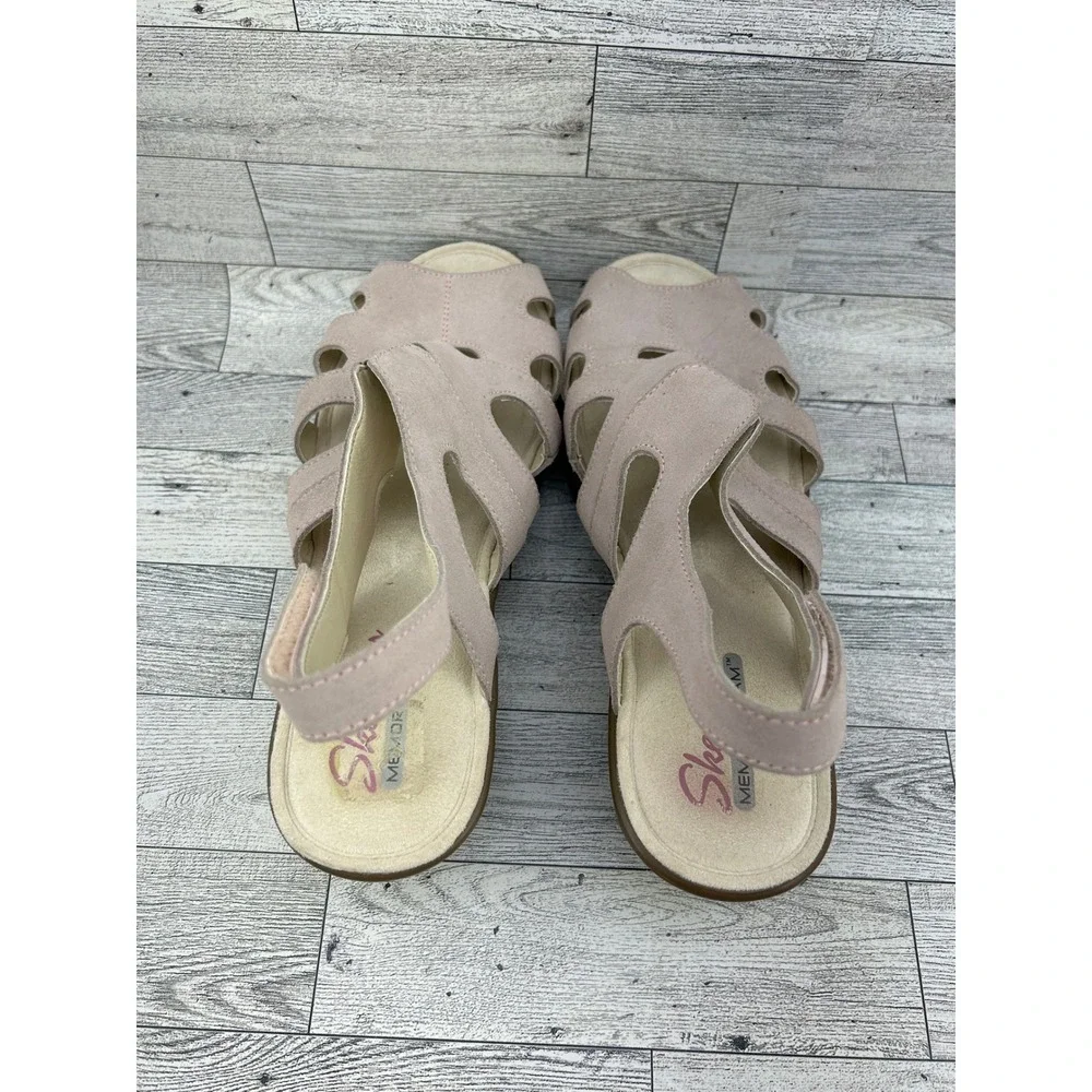 Skechers Rumblers Women Sz 9.5 Taupe Suede Memory Foam Wedge Slingback Sandals